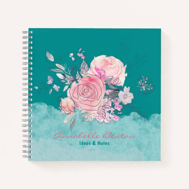Carnet Aquarelle rose fleurie turquoise élégant votre nom (Devant)