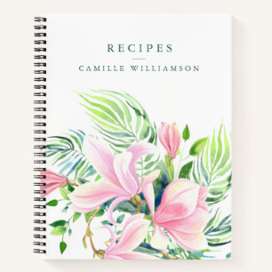 Carnet Aquarelle rose Magnolia Fleur Nom personnalisé Rec