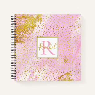 Carnet Aquarelle rose, monogramme de confetti or