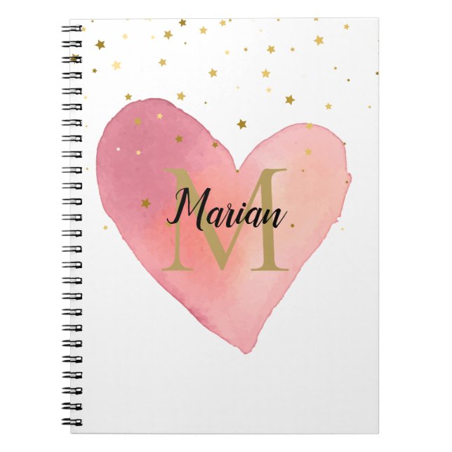 Carnet Aquarelle rose pâle Coeur Nom du monogramme (Devant)