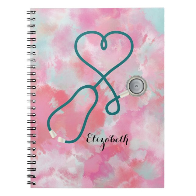 Carnet Aquarelle rose pâle Infirmière stéthoscope Médical (Devant)