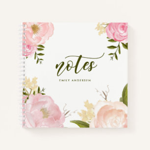 Carnet Aquarelle rose pâle Roses & pivoines Personnalisé