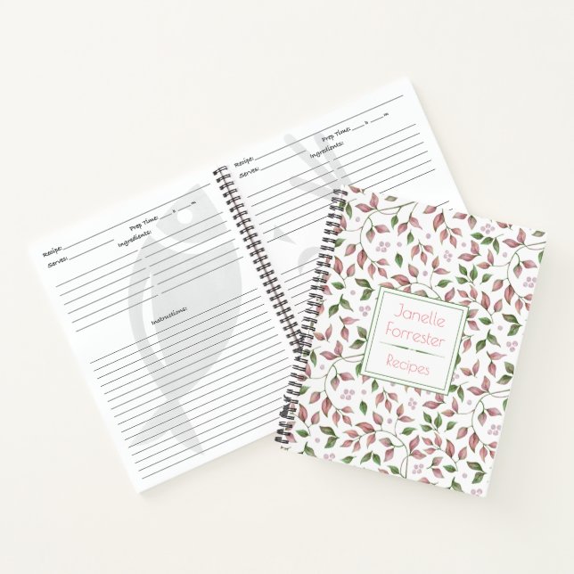 Carnet Aquarelle rose vert Feuilles monogramme (Intérieur)