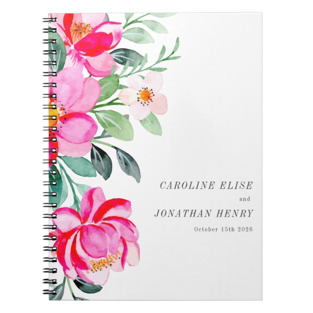 Carnet Aquarelle rose vif Floral Mariage personnalisé (Devant)