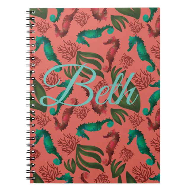 Carnet Aquarelle Seahorse Coral Nautique Personnalisé (Devant)