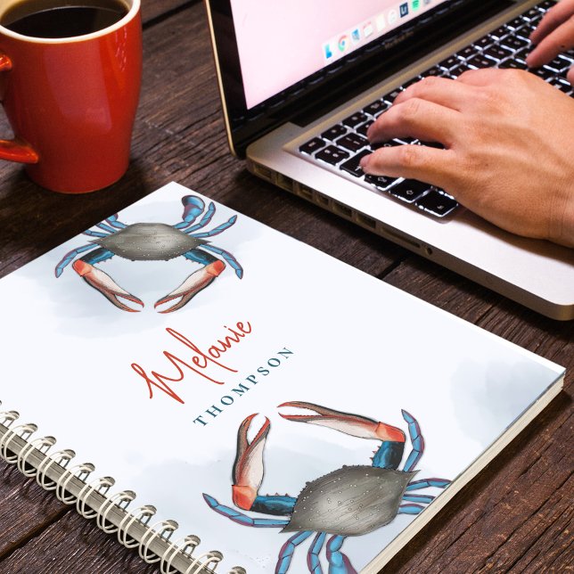 Carnet Aquarelle simple Océan bleu Bleu Crabe mer (Nautical blue crab watercolor spiral custom notebook)