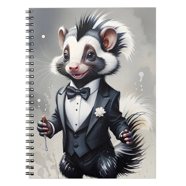 Carnet Aquarelle Skunk Tuxedo Cravate noire Fleur blanche (Devant)
