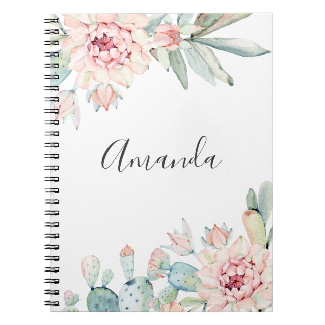Carnet Aquarelle succulente. Cactus à fleurs roses. Cactu (Devant)