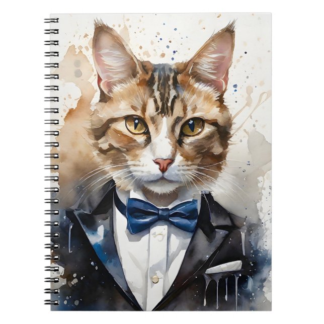 Carnet Aquarelle Tabby Cat dans une Cravate Tuxedo et Blu (Devant)