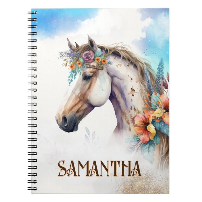 Carnet Aquarelle tête de cheval tropical fleurs d'été nom (Devant)
