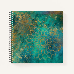 Carnet Aquarelle Turquoise Abstraite Grunge d'or Mandala