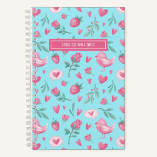 Carnet Aquarelle vintage Fleur rose Roses Motif d'oiseaux