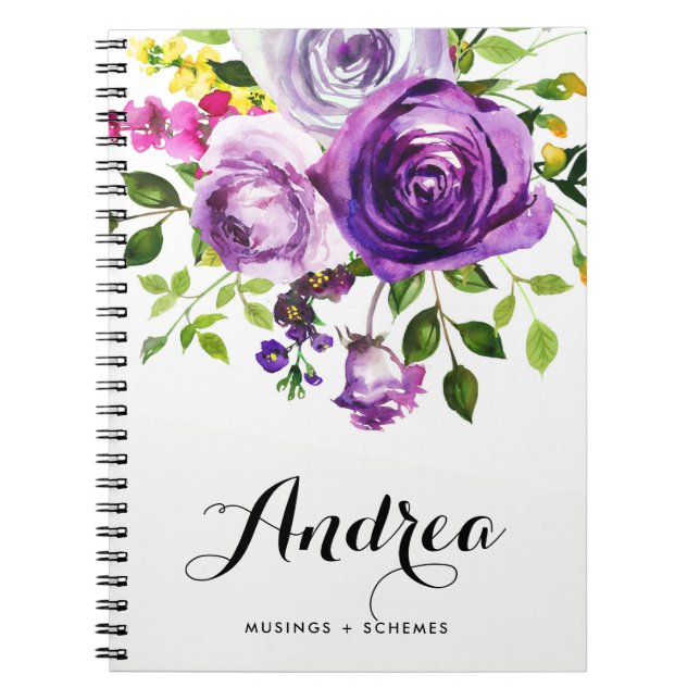 Carnet Aquarelle violet Rose Botanique Personnalisée (Devant)