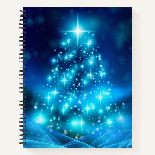 Carnet Arbre de Noël bleu cool avec lumières étincelantes (Devant)