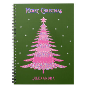 Carnet Arbre de Noël rose Nom personnalisé Vert