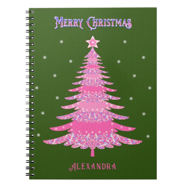 Carnet Arbre de Noël rose Nom personnalisé Vert (Devant)
