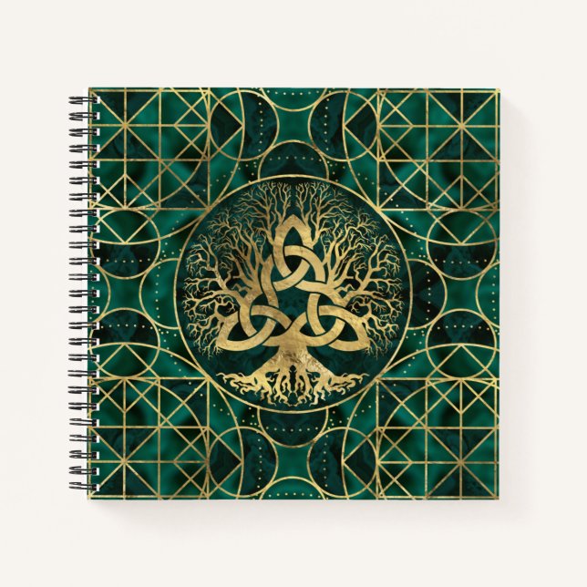 Carnet Arbre de vie avec Triquetra Malachite et Or (Devant)