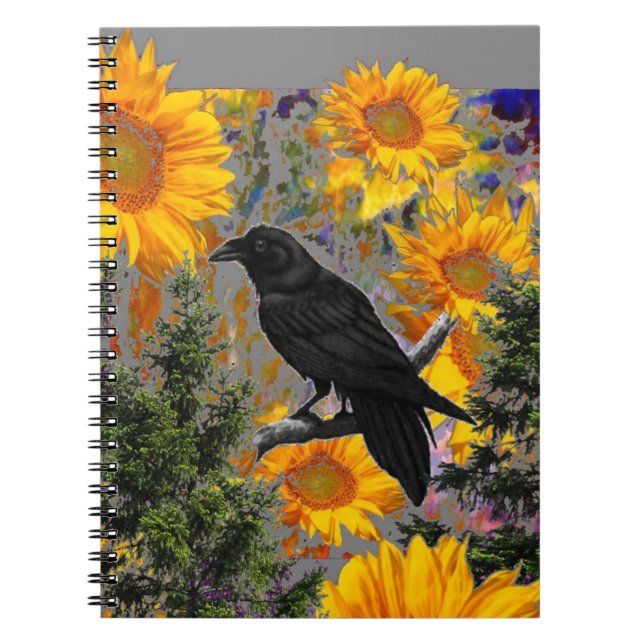Carnet art noir de corneille et de tournesols (Devant)