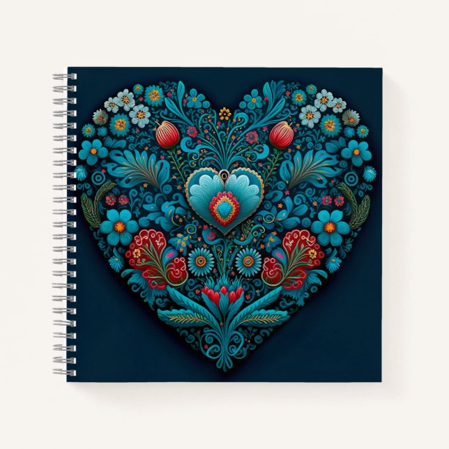 Carnet Art populaire ukrainien - Coeur inspiré en bleu (Devant)
