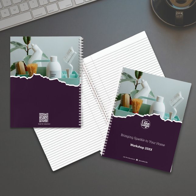 Carnet Atelier Violet de Nettoyage Promotionnel (Promotional Cleaner Purple Workshop Notebook with Logo, Social Connect, Scannable QR code)