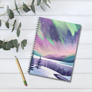 Carnet Aurores Boréales Nuit d'Hiver Colorée Aquarelle