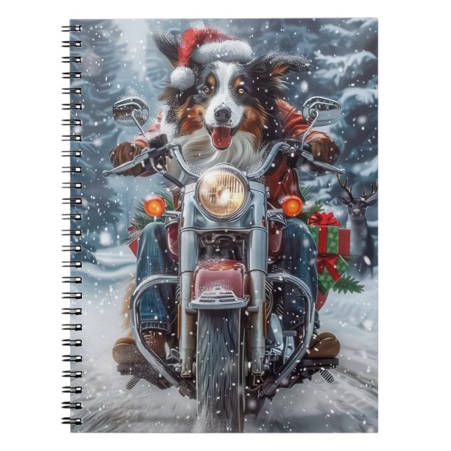 Carnet Australian Shepherd Riding Motorcycle Noël (Devant)