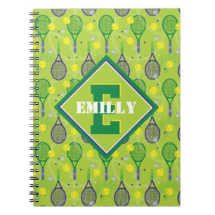 Carnet Avec nom et initiale, raquette de tennis verte et 