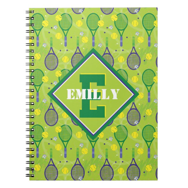 Carnet Avec nom et initiale, raquette de tennis verte et  (Devant)