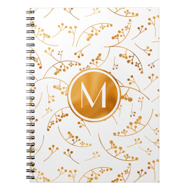 Carnet Baies d'or monogramme élégant motif sur blanc (Devant)
