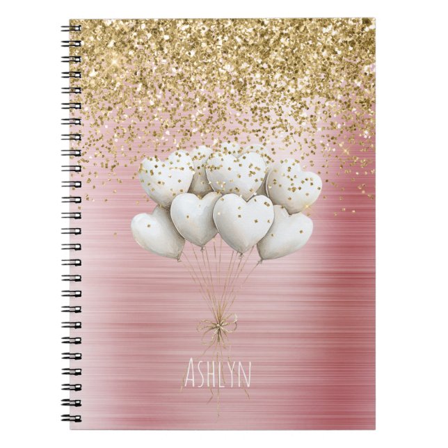 Carnet Ballons coeurs blancs pailletés or (Devant)