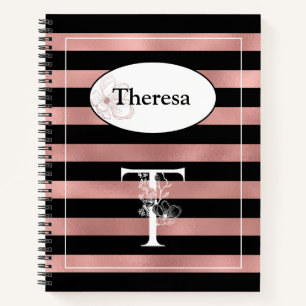 Carnet Bandes d'or Rose personnalisées avec T initial