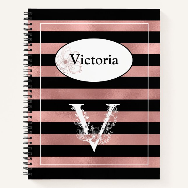 Carnet Bandes d'or Rose personnalisées avec V initial (Devant)