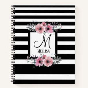 Carnet Bandes noires et blanches Monogramme floral rose