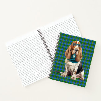 Carnet Basset Hound Bleu Vert Carreaux Drôle Monogrammé