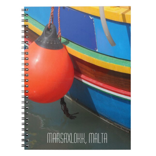 Carnet Bateau de pêche traditionnel bleu jaune rayé Malte (Devant)
