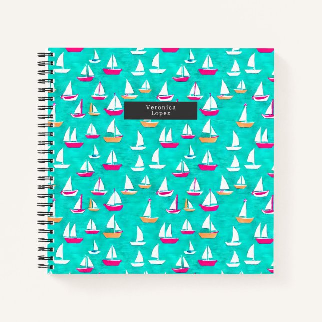 Carnet Bateaux à voile Motif Rose & Aqua (Devant)