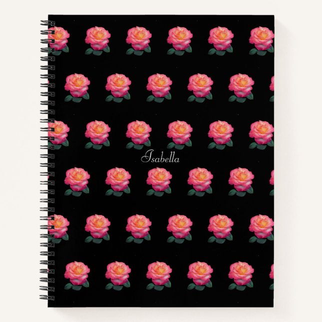 Carnet Beau Motif rose rose personnalisé sur noir (Devant)