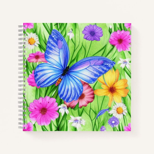 Carnet Beau Papillon Bleu avec fleurs Aquarelle (Devant)