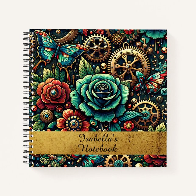 Carnet Beau Steampunk Gears à thème et Roses (Devant)
