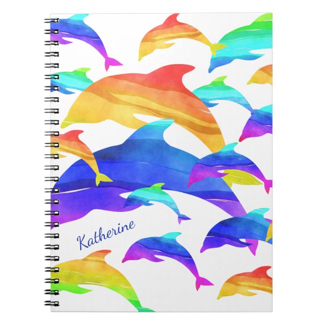 Carnet Beaux dauphins en arc-en-ciel avec prénom (Devant)