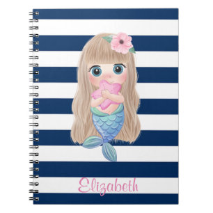 Carnet Bébé sirène mignonne rayures bleu marine