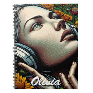 Carnet Belle femme avec casque dans les tournesols