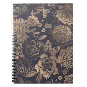 Carnet Belles pivoines de fleurs, roses et papillons.