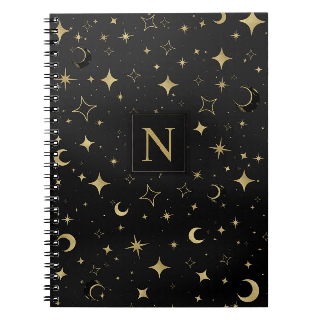 Carnet Black & Gold Moderne Lune Céleste Étoiles Mariage (Devant)