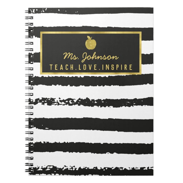 Carnet Black Stripes Gold Foil Apple | Nom de l'enseignan (Devant)