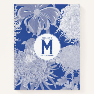 Carnet Blanc bleu Vintage Chinoiserie Floral Monogramme
