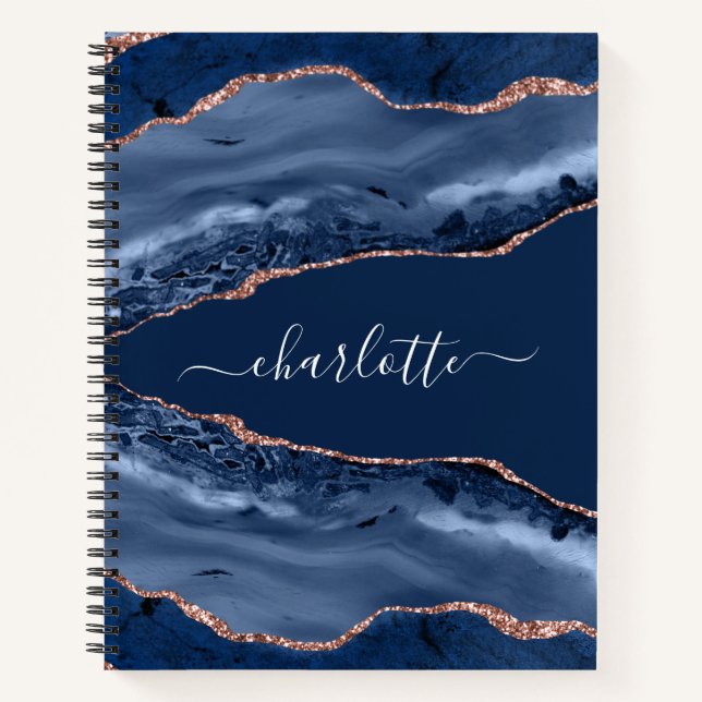 Carnet Bleu agate marbre rose or nom script (Devant)