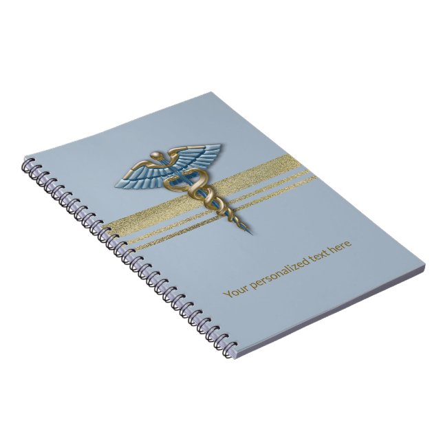 Carnet Bleu clair Caduceus Faux Gold Foil rayures Médical (Côté Droit)