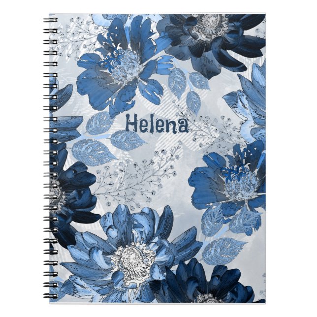 Carnet Bleu clair, fleurs bleu foncé sur gris clair (Devant)