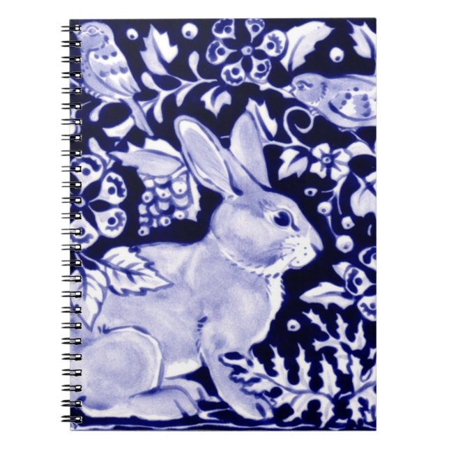 Carnet Bleu classique et blanc lapin et oiseaux Floral Na (Devant)